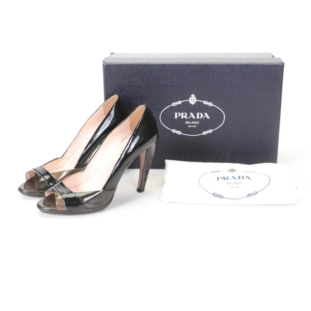 Prada Patent Leather Peep Toe Pumps Graphite size 37.5/US 7 black